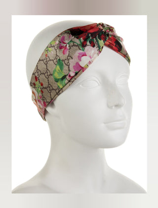 Gucci Beige Multicolor GG Pattern Flora Silk Hairband M sz