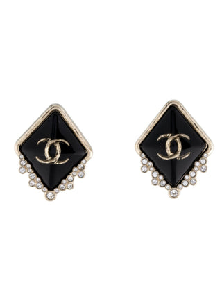Chanel Gold-tone Blavk Strass Interlocking CC Stud Earrings