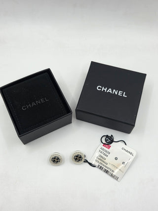 Chanel Silver-tone Resin Faux Pearl Interlocking CC Stud Earrings