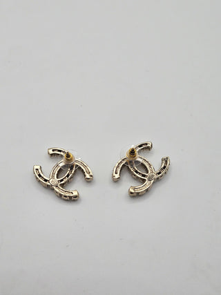 Chanel Gold-tone Faux Pearl Strass Interlocking CC Stud Earrings