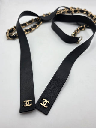 Chanel Black Leather Gold-tone Chain Entwined CC Logo Tie Belt L sz