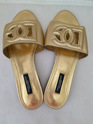 Dolce & Gabbana Gold Leather Cutout Accent Slides 36 sz