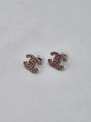 Chanel Silver-tone Pink Strass Interlocking CC Stud Earrings