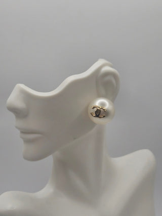 Chanel Golf-tone White Faux Pearl CC Stud Earrings