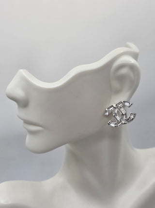 Chanel Silver-tone 2022 Strass Interlocking CC Mismatched Stud Earrings