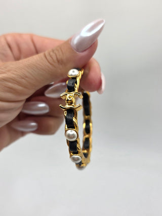 Chanel Gold-tone Faux Pearl Leather Interlocking CC Turnlock Hoop Earrings