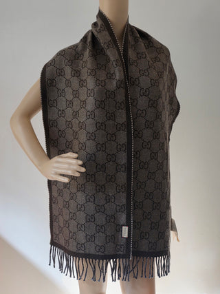 Gucci Blue brown GG Monogram Reversible wool oversized scarf