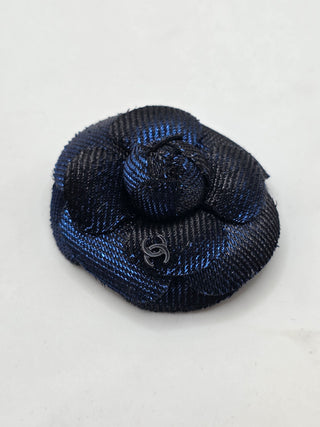 Chanel Metallic Black Blue Camellia CC Logo Fabric Brooch