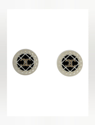 Chanel Silver-tone Resin Faux Pearl Interlocking CC Stud Earrings