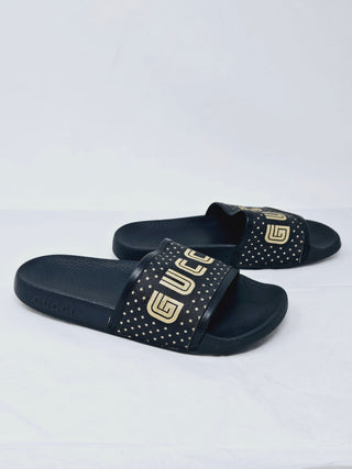 Gucci Black rubber Gold-tone logo printed pool slides 37 sz