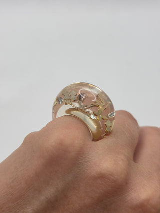 Louis Vuitton Clear Resin Crystal Inclusion LV Charm Ring 5.25