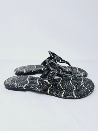 Tory Burch Black Snake print leather Reva thong sandals 7 M sz