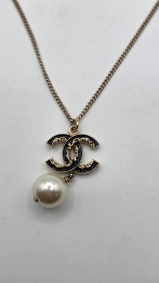 Chanel Faux Pearl Enamel CC Logo Pendant Necklace