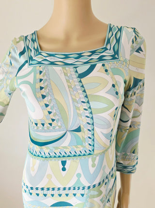 Emilio Pucci White green multicolor signature print long-sleeved summer dress 6 sz