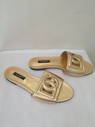 Dolce & Gabbana Gold Leather Cutout Accent Slides 36 sz