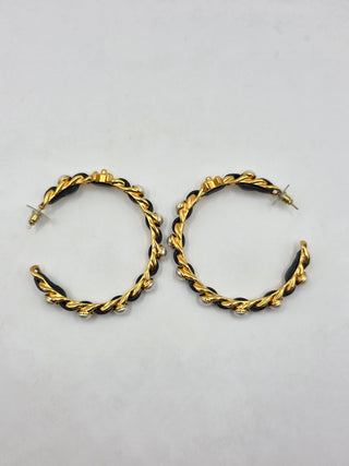 Chanel Gold-tone Faux Pearl Leather Interlocking CC Turnlock Hoop Earrings