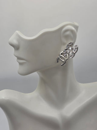 Chanel Silver-tone 2022 Strass Interlocking CC Mismatched Stud Earrings