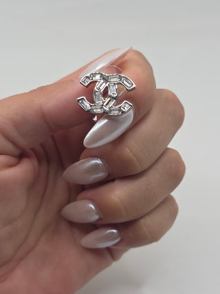 Chanel Silver-tone 2022 Strass Interlocking CC Mismatched Stud Earrings