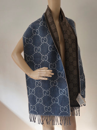 Gucci Blue brown GG Monogram Reversible wool oversized scarf