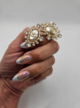 Chanel Golf-tone Pearl Strass Interlocking CC Stud Earrings