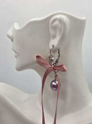 Chanel Silver-tone Faux Pearl Ribbon Bow CC Logo Drop Earrings