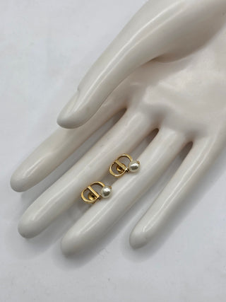 Christian Dior Gold-tone Faux Pearl Petit CD Stud Earrings