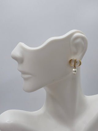 Christian Dior Gold-tone Faux Pearl Petit CD Stud Earrings