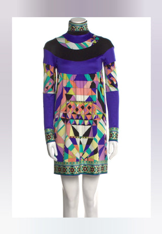 Emilio Pucci Purple Multicolor Signature Print long-sleeved dress 38 sz