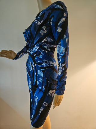 Emilio Pucci Blue Multicolor Signature Print long-sleeved dress 40 sz