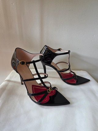 Gucci Patent Leather GG Charm T-Strap Sandals 36.5 sz