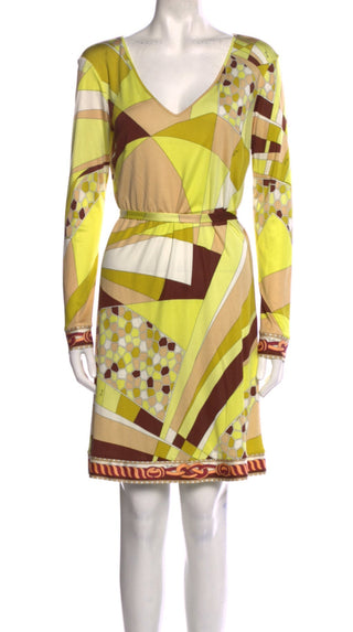 Emilio Pucci Yellow Multicolor Signature Print Silk Dress 10 US