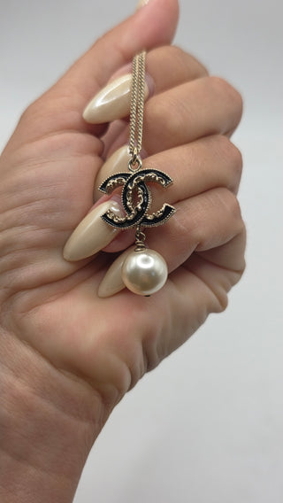 Chanel Faux Pearl Enamel CC Logo Pendant Necklace