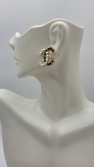 Chanel Gold-tone Faux Pearl Strass Interlocking CC Stud Earrings