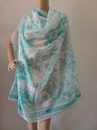 Christian Dior Aquamarina Cotton Toile De Jouy Sauvage Pareo Scarf
