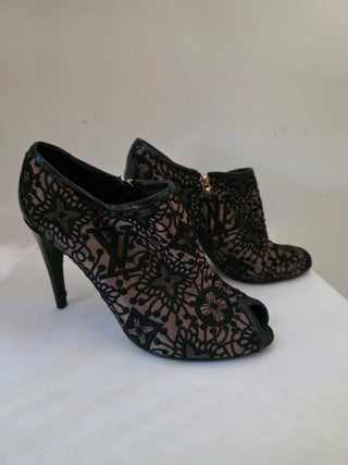 Louis Vuitton Black suede LV Monogram peep-toe booties 38.5 sz