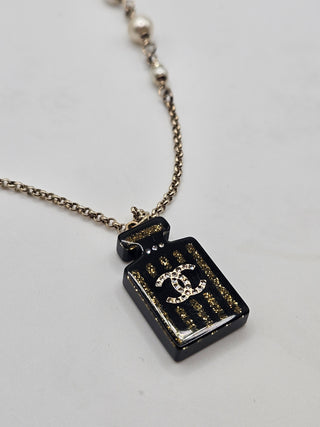 Chanel Gold-tone Faux Pearl Resin Interlocking CC Glitter Pendant Necklace