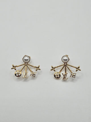 Louis Vuitton Gold-tone Faux Pearl LV Logo Cruiser Earrings