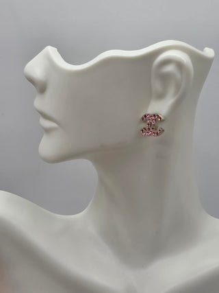 Chanel Silver-tone Pink Strass Interlocking CC Stud Earrings