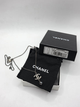 Chanel Silver-tone Faux Pearl Strass Interlocking CC Pendant Necklace