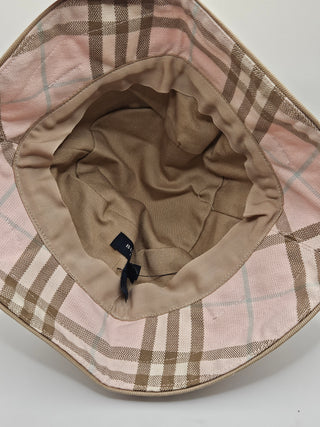 Burberry London Pink Beige Nova Check Plaid Print Canvas Bucket Hat M sz