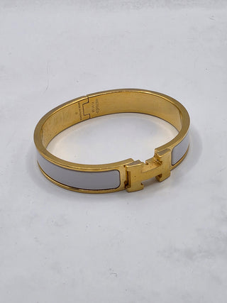 Hermes White Enamel Gold Plated Clic-H Narrow PM Bracelet