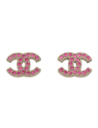 Chanel Silver-tone Pink Strass Interlocking CC Stud Earrings