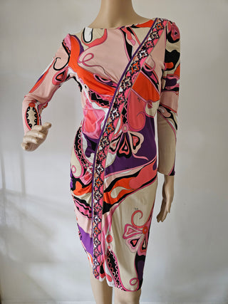 Emilio Pucci Pink multicolor signature print long-sleeved dress 8 US sz