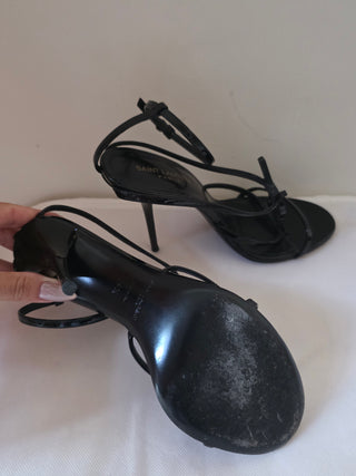Saint Laurent Opyum Black Patent Leather YSL T-Strap Sandals 39.5 sz