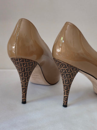 Fendi Brown Patent Leather FF Zucca Logo Pumps 40 sz