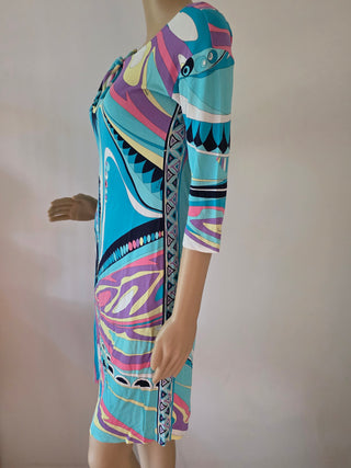 Emilio Pucci Blue Multicolor Signature Print Summer Dress S sz