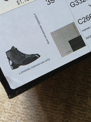 Chanel 2017 Tweed Pattern Logo Embellished Combat Boots 39 sz