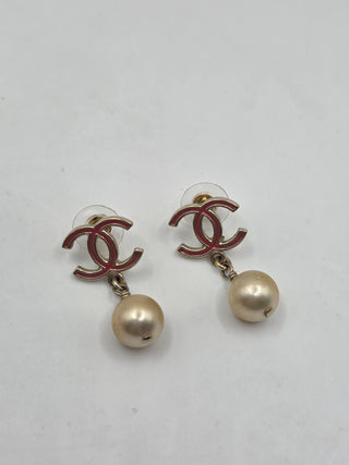 Chanel Gold-tone Faux Pearl Enamel CC Drop Earrings
