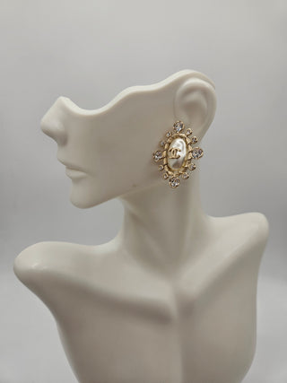 Chanel Golf-tone Pearl Strass Interlocking CC Stud Earrings