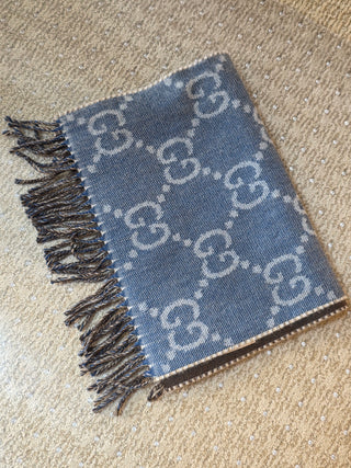 Gucci Blue brown GG Monogram Reversible wool oversized scarf